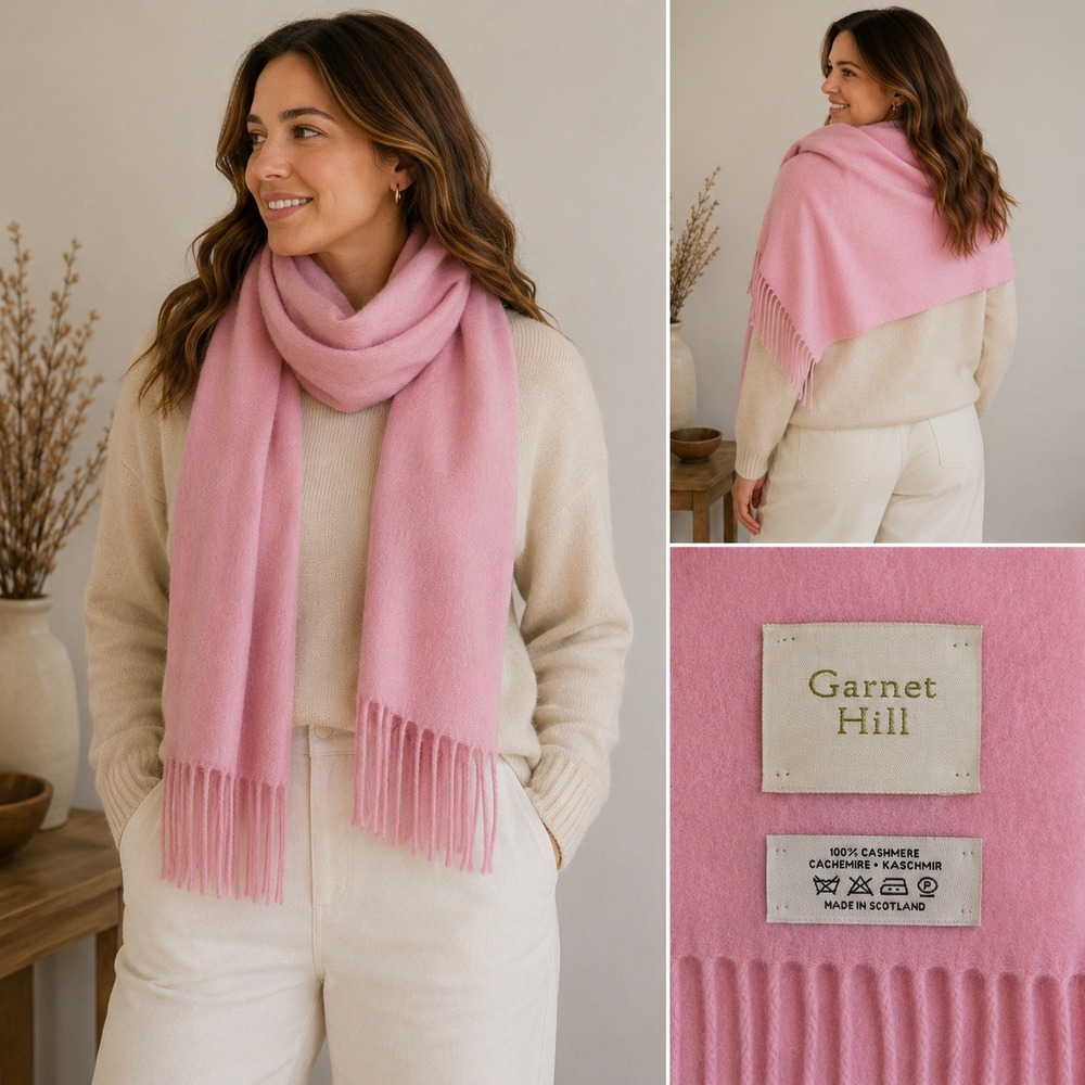 Garnet Hill Pink 100% Cashmere Scarf Made in Scotland Fringed Knit 58x12